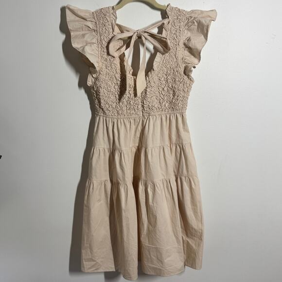 En Saison Dress Women M Cream Smocked Ruffled Mini Ruffle Tiered Cottage Cotton - Picture 2 of 10